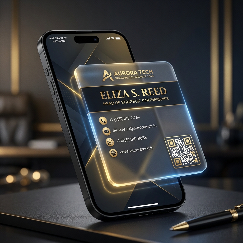 Digital business card mockup shown on a smartphone with dark elegant design and contact icons