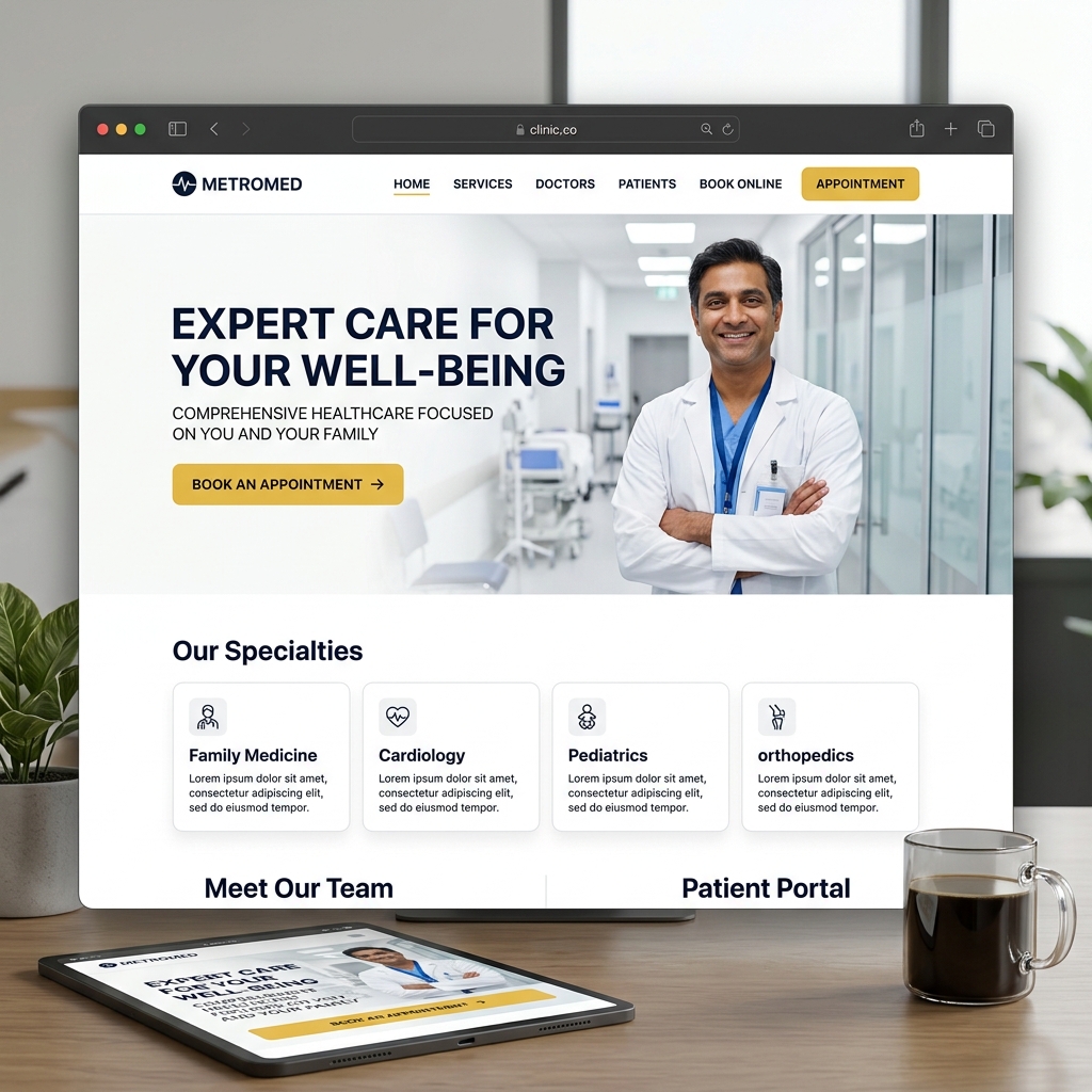 Healthcare clinic website mockup showing a modern, professional design with appointment booking