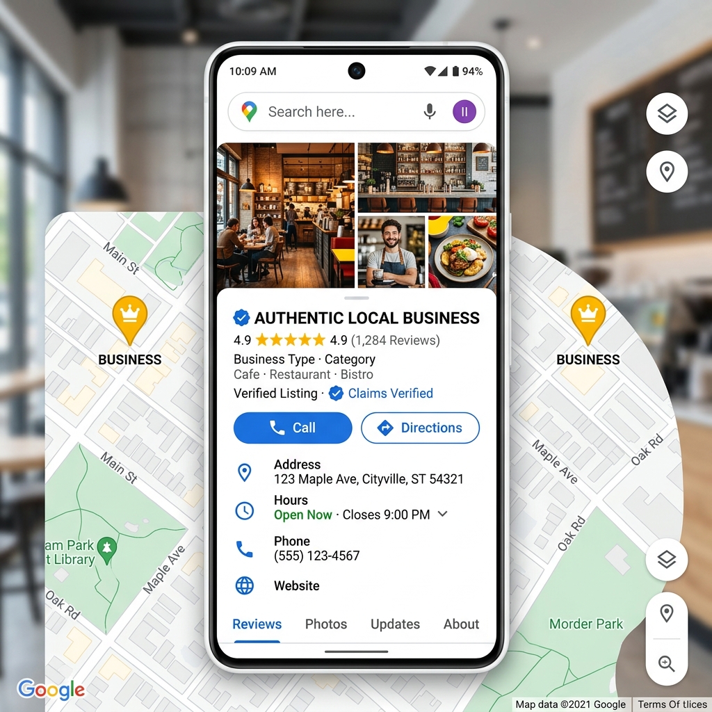 Google Business Profile mockup showing 4.9 star rating, verified listing and photos
