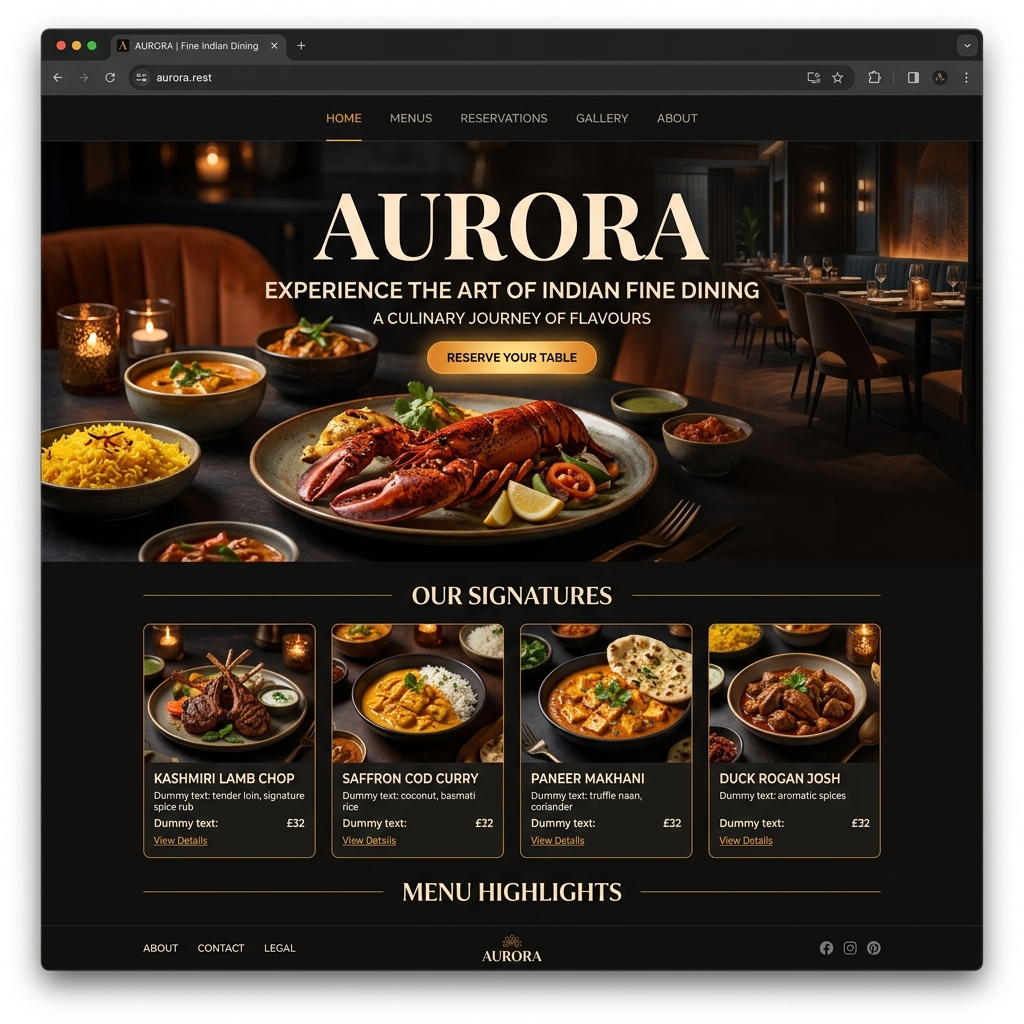 Premium restaurant website mockup with dark elegant design and food photography