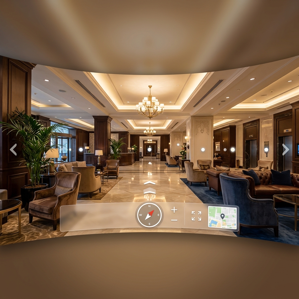 360 degree virtual tour interface showing a luxury hotel lobby interior with navigation controls